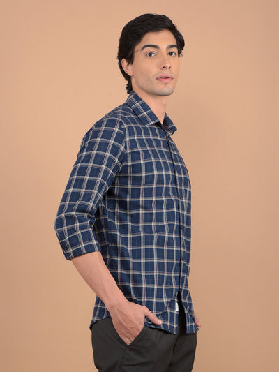 Navy Blue Checked 100% Cotton Shirt-Men Shirts-Crimsoune Club