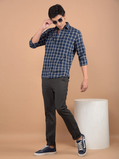 Navy Blue Checked 100% Cotton Shirt-Men Shirts-Crimsoune Club