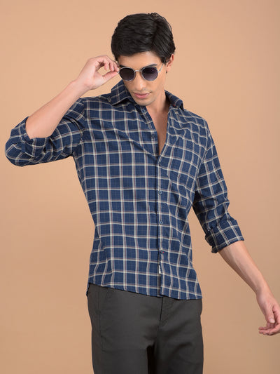 Navy Blue Checked 100% Cotton Shirt-Men Shirts-Crimsoune Club