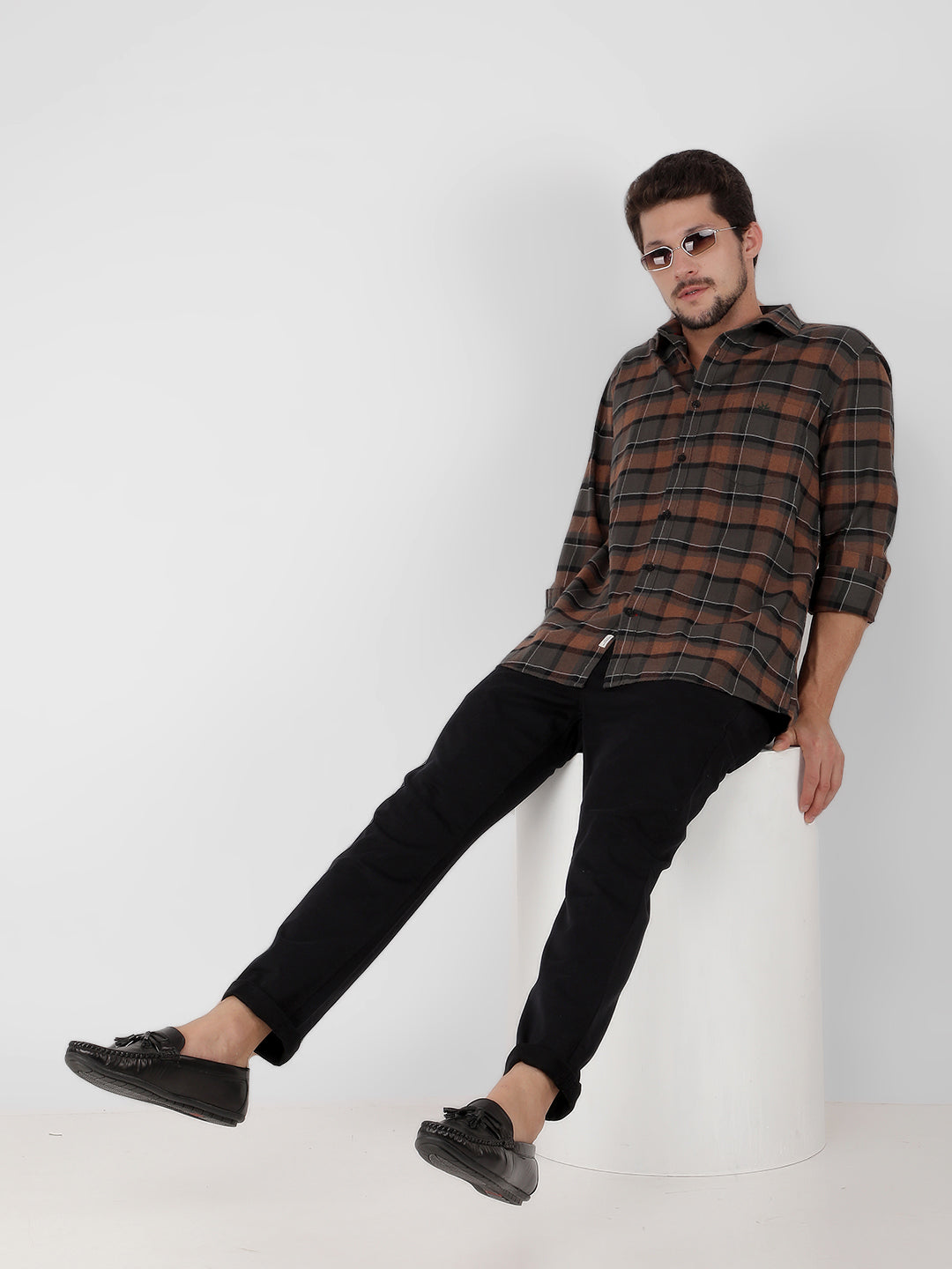 Brown 100% Cotton Checked Shirt-Men Shirts-Crimsoune Club