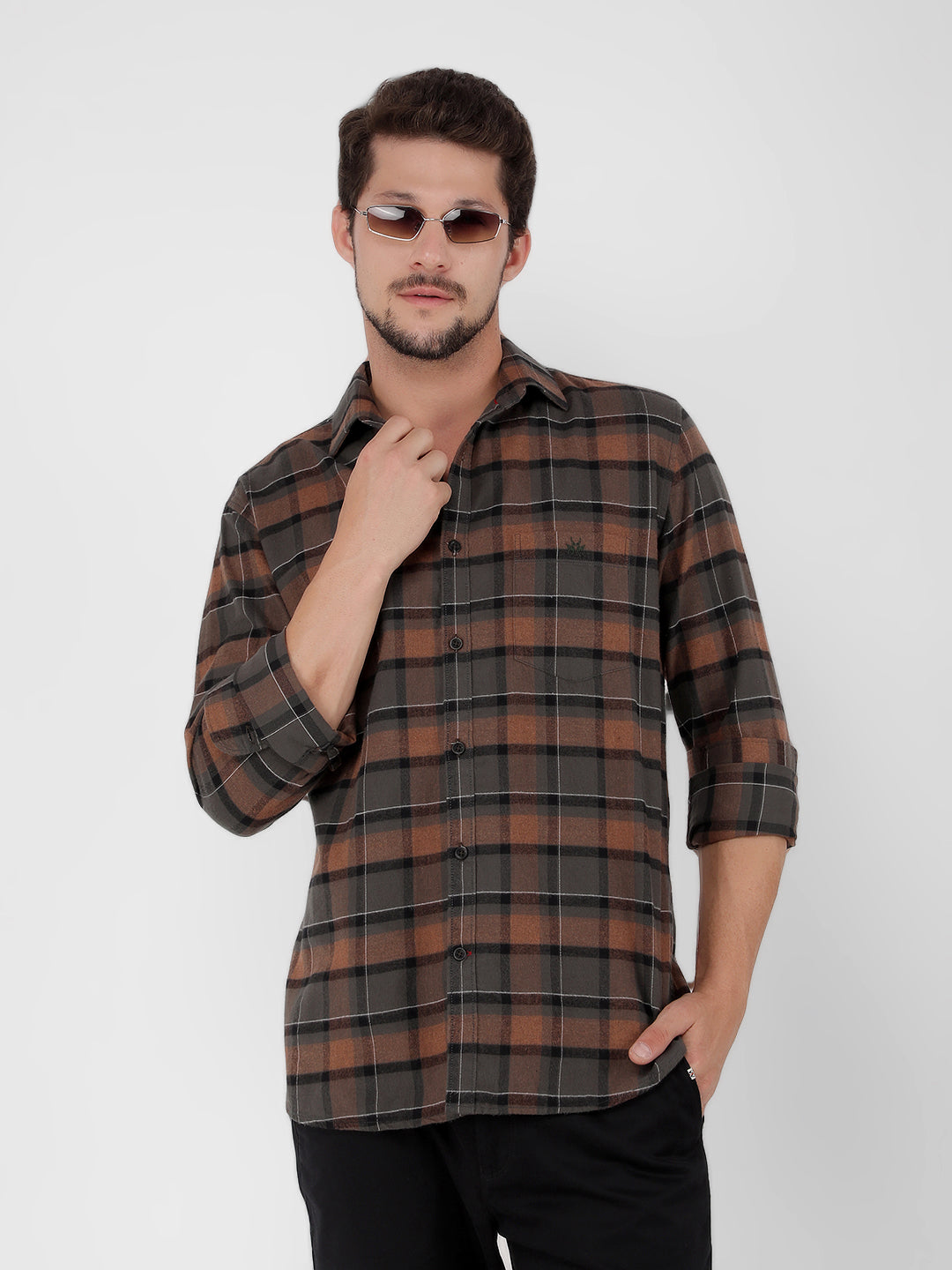 Brown 100% Cotton Checked Shirt-Men Shirts-Crimsoune Club