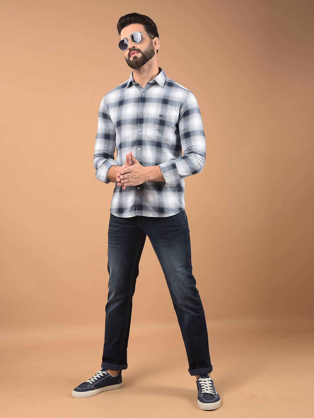 Grey 100% Cotton Checked Shirt-Men Shirts-Crimsoune Club