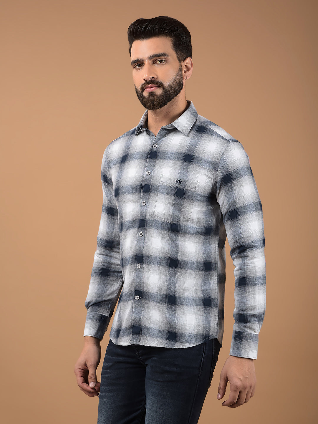 Grey 100% Cotton Checked Shirt-Men Shirts-Crimsoune Club