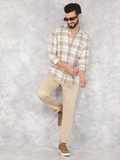 Beige Checked Linen Shirt-Men Shirts-Crimsoune Club