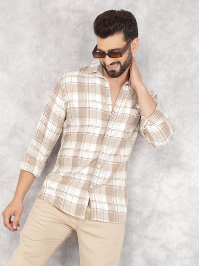 Beige Checked Linen Shirt-Men Shirts-Crimsoune Club