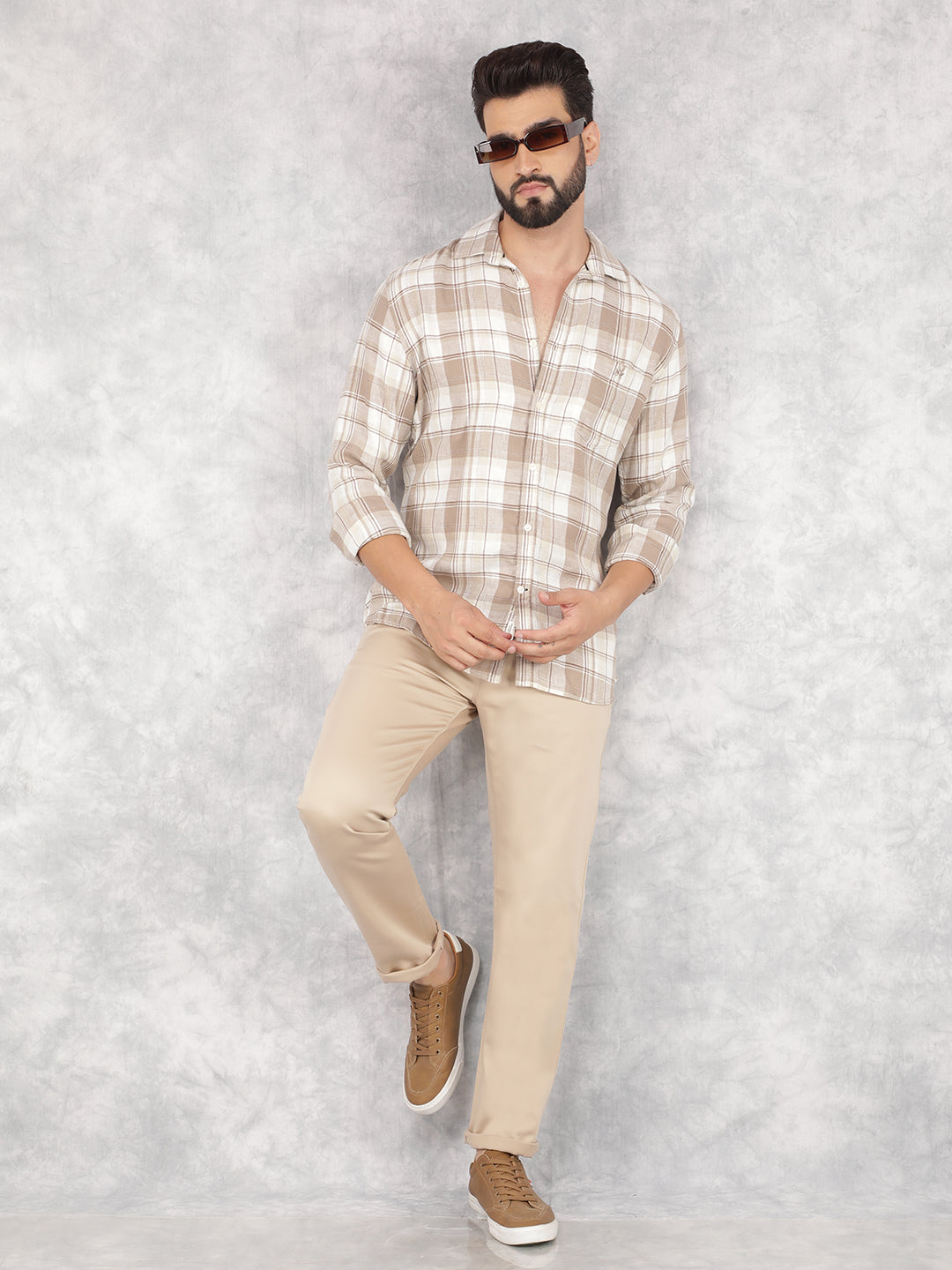 Beige Checked Linen Shirt-Men Shirts-Crimsoune Club