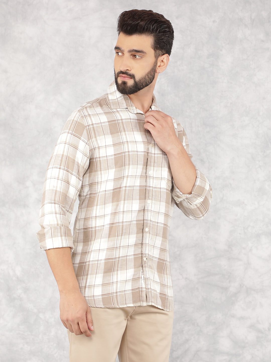 Beige Checked Linen Shirt-Men Shirts-Crimsoune Club