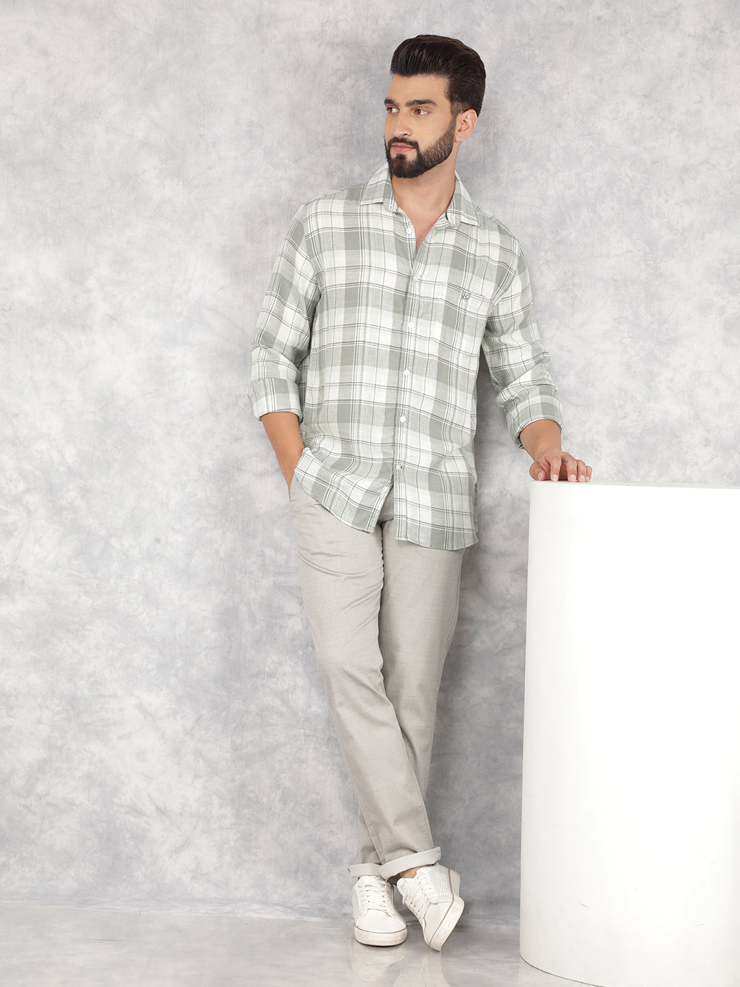 Green Checked Linen Shirt-Men Shirts-Crimsoune Club