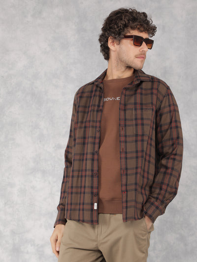 Brown Checkered 100% Cotton Shirt-Men Shirts-Crimsoune Club