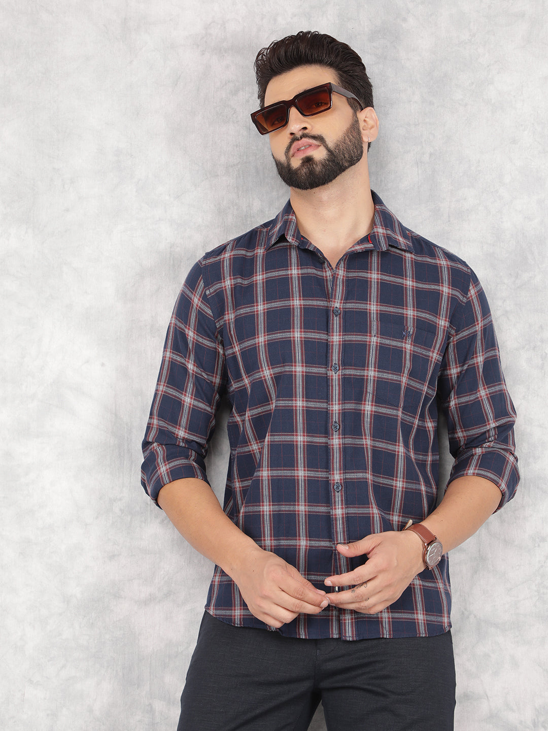 Navy Blue Checked 100% Cotton Shirt-Men Shirts-Crimsoune Club