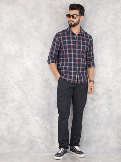 Navy Blue Checked 100% Cotton Shirt-Men Shirts-Crimsoune Club