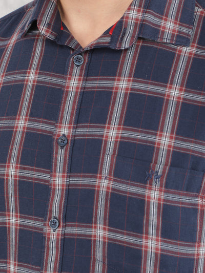 Navy Blue Checked 100% Cotton Shirt-Men Shirts-Crimsoune Club