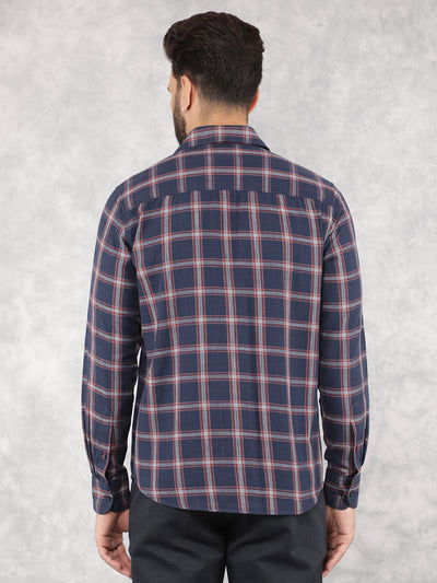 Navy Blue Checked 100% Cotton Shirt-Men Shirts-Crimsoune Club