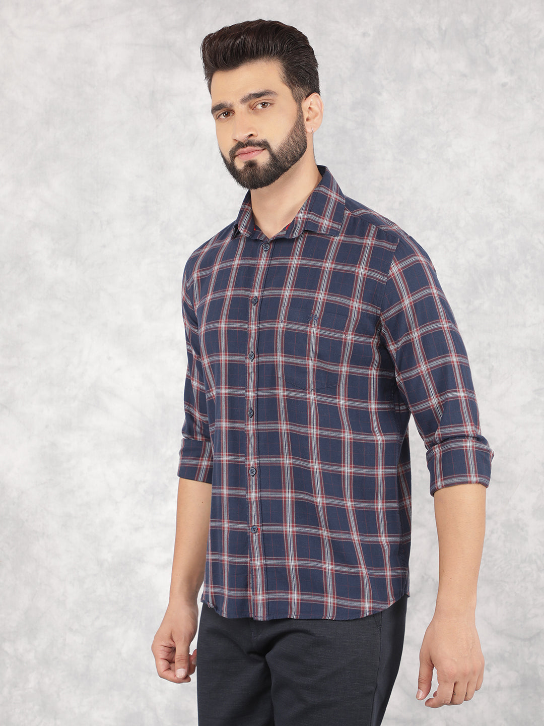 Navy Blue Checked 100% Cotton Shirt-Men Shirts-Crimsoune Club