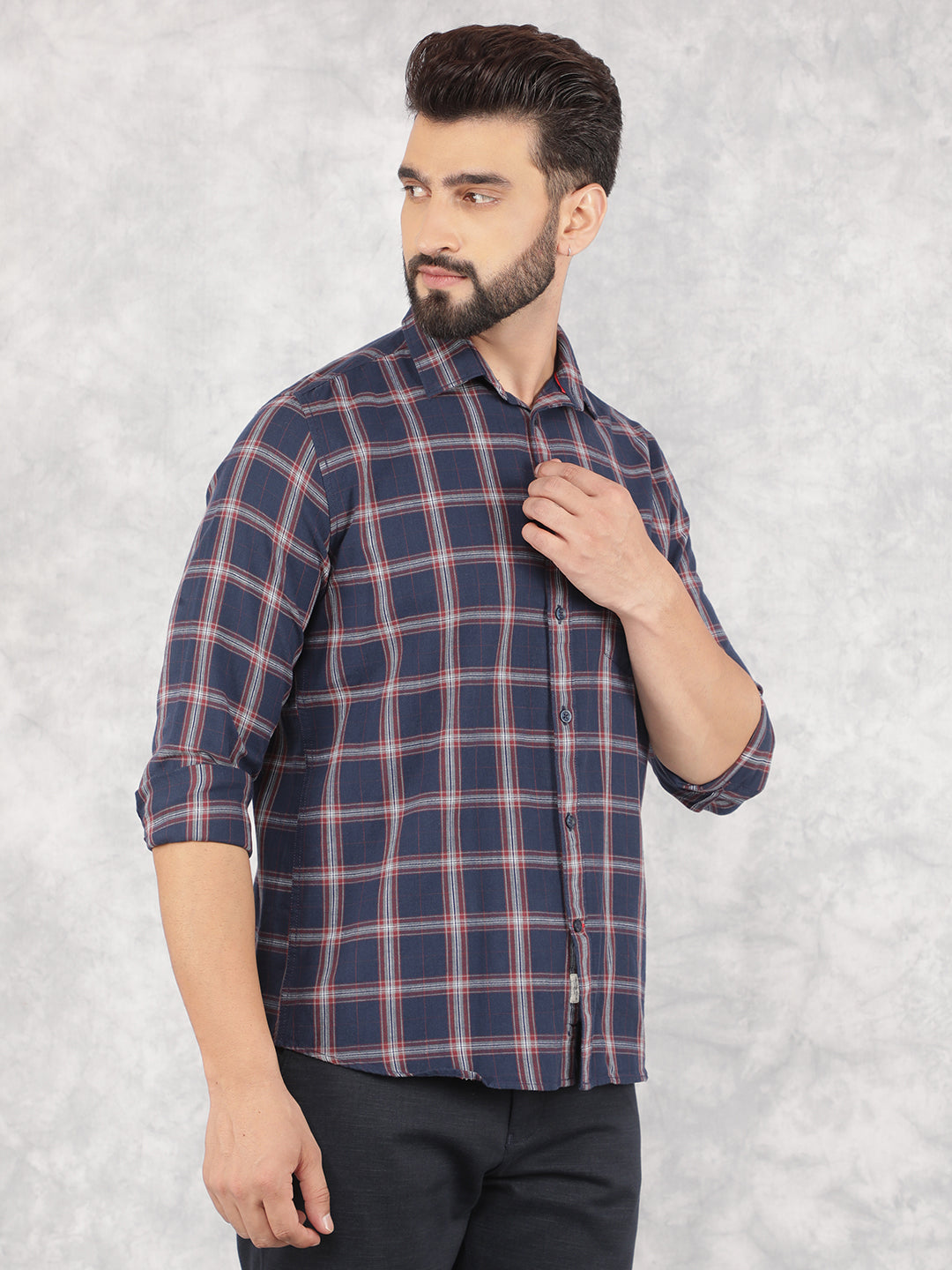 Navy Blue Checked 100% Cotton Shirt-Men Shirts-Crimsoune Club