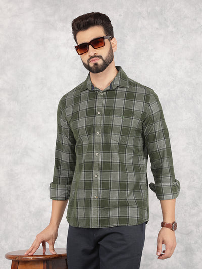 Green Checked 100% Cotton Corduroy Shirt-Men Shirts-Crimsoune Club