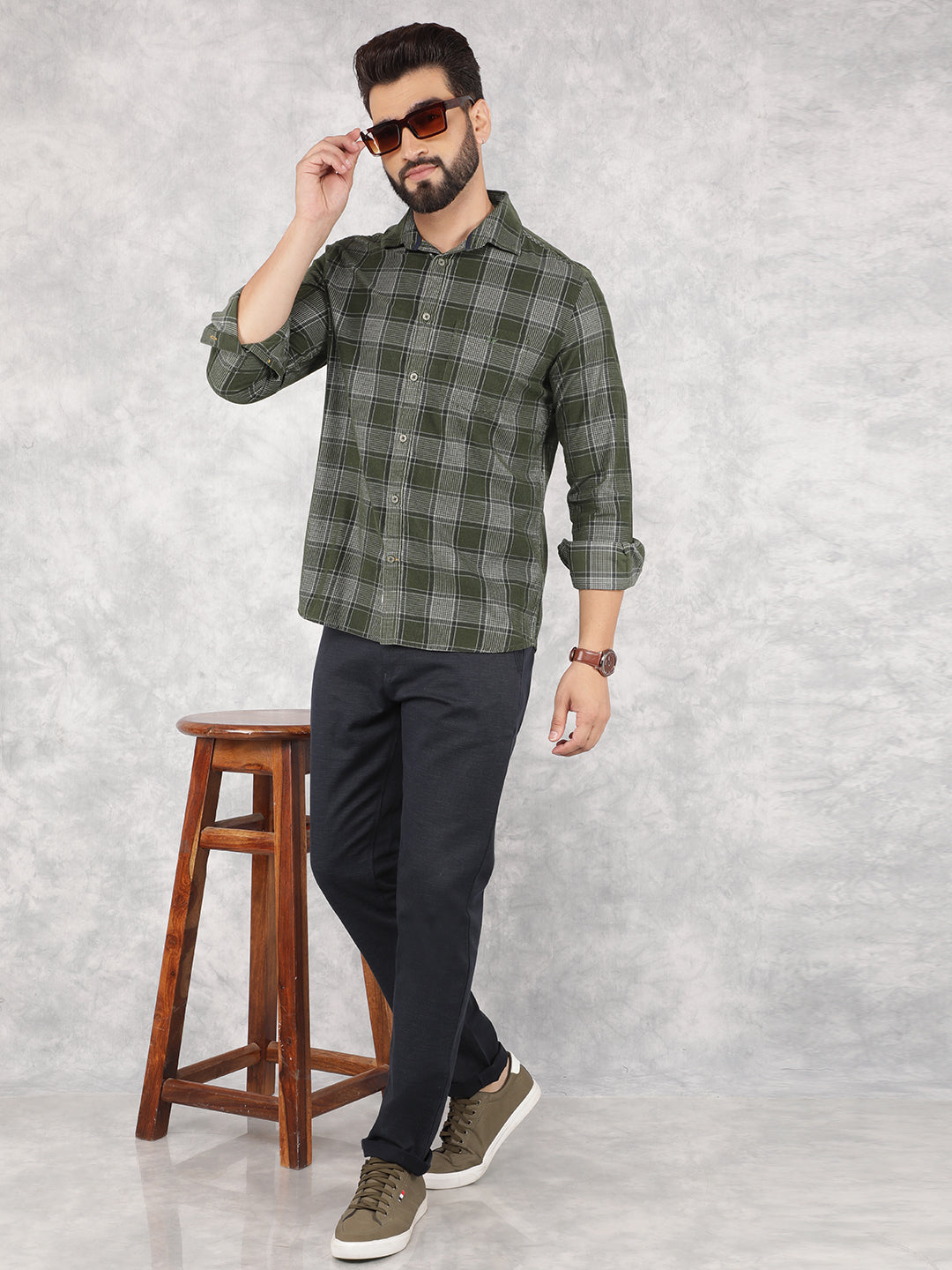 Green Checked 100% Cotton Corduroy Shirt-Men Shirts-Crimsoune Club