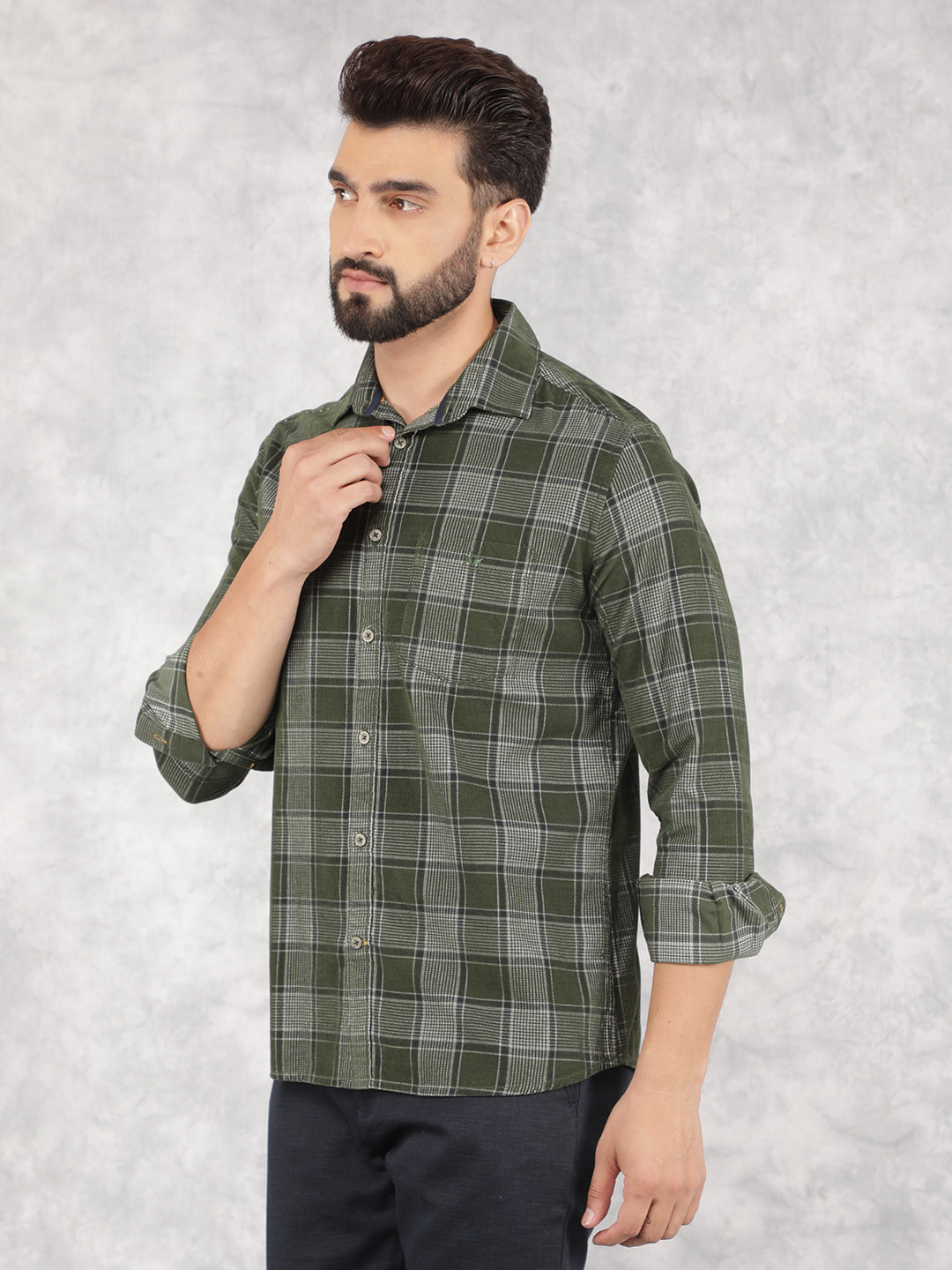 Green Checked 100% Cotton Corduroy Shirt-Men Shirts-Crimsoune Club