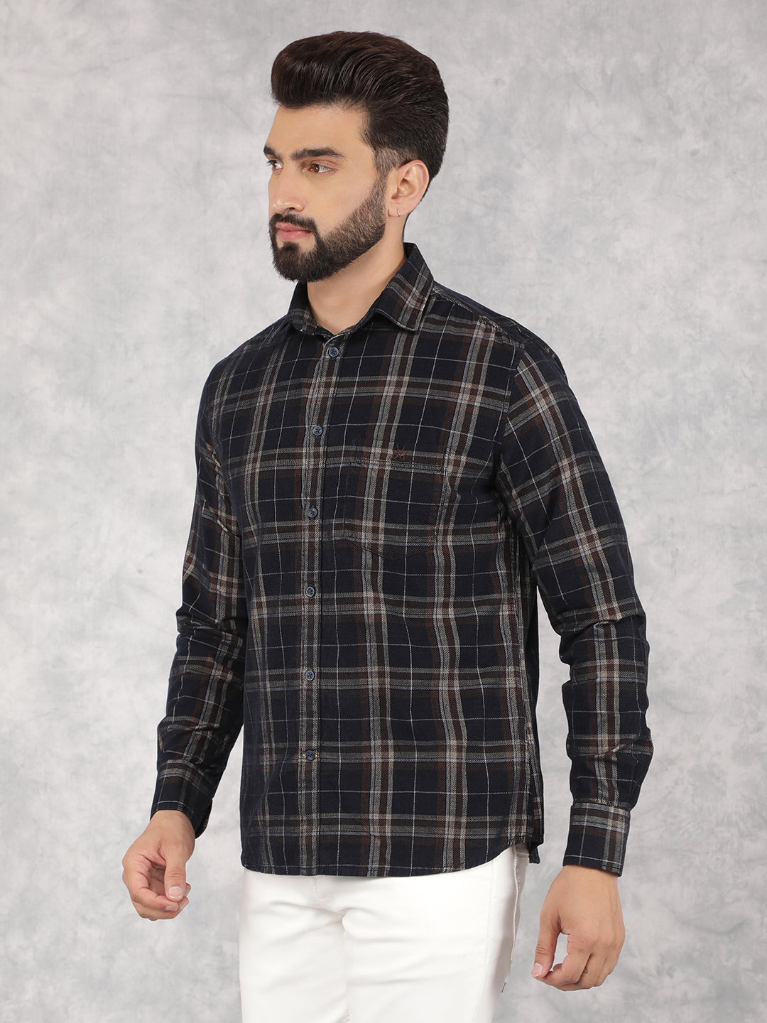 Navy Blue Checked 100% Cotton Corduroy Shirt-Men Shirts-Crimsoune Club