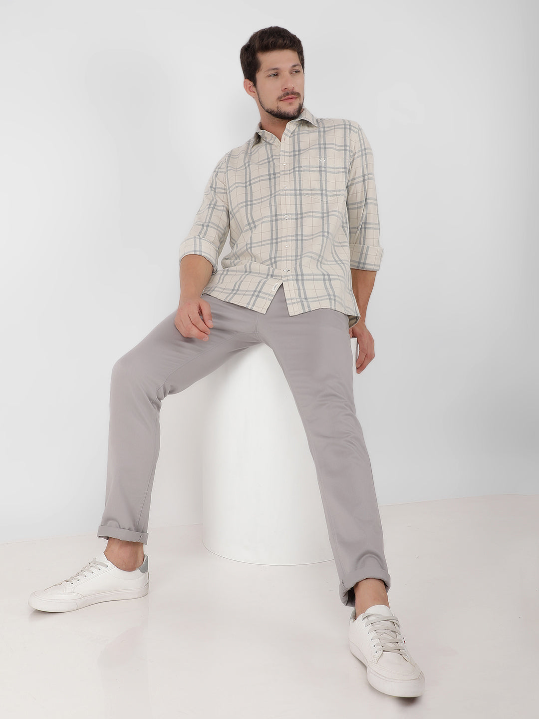 Cream 100% Cotton Checked Shirt-Men Shirts-Crimsoune Club