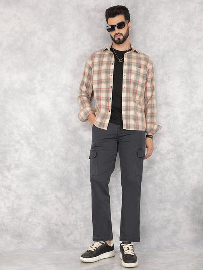 Beige Checked 100% Cotton Corduroy Shirt-Men Shirts-Crimsoune Club