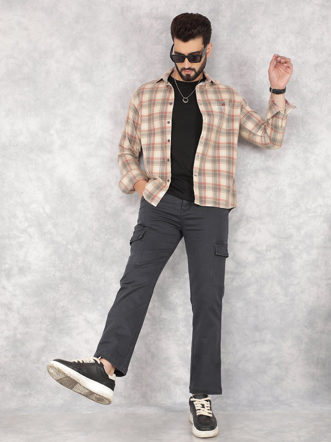 Beige Checked 100% Cotton Corduroy Shirt-Men Shirts-Crimsoune Club