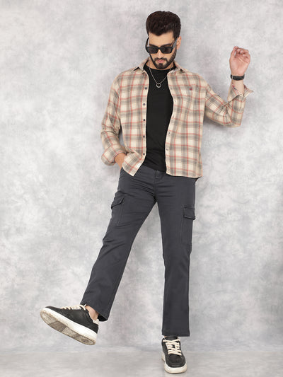 Beige Checked 100% Cotton Corduroy Shirt-Men Shirts-Crimsoune Club