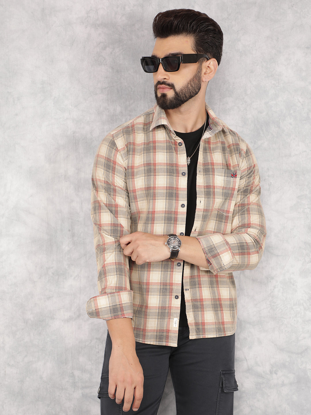 Beige Checked 100% Cotton Corduroy Shirt-Men Shirts-Crimsoune Club