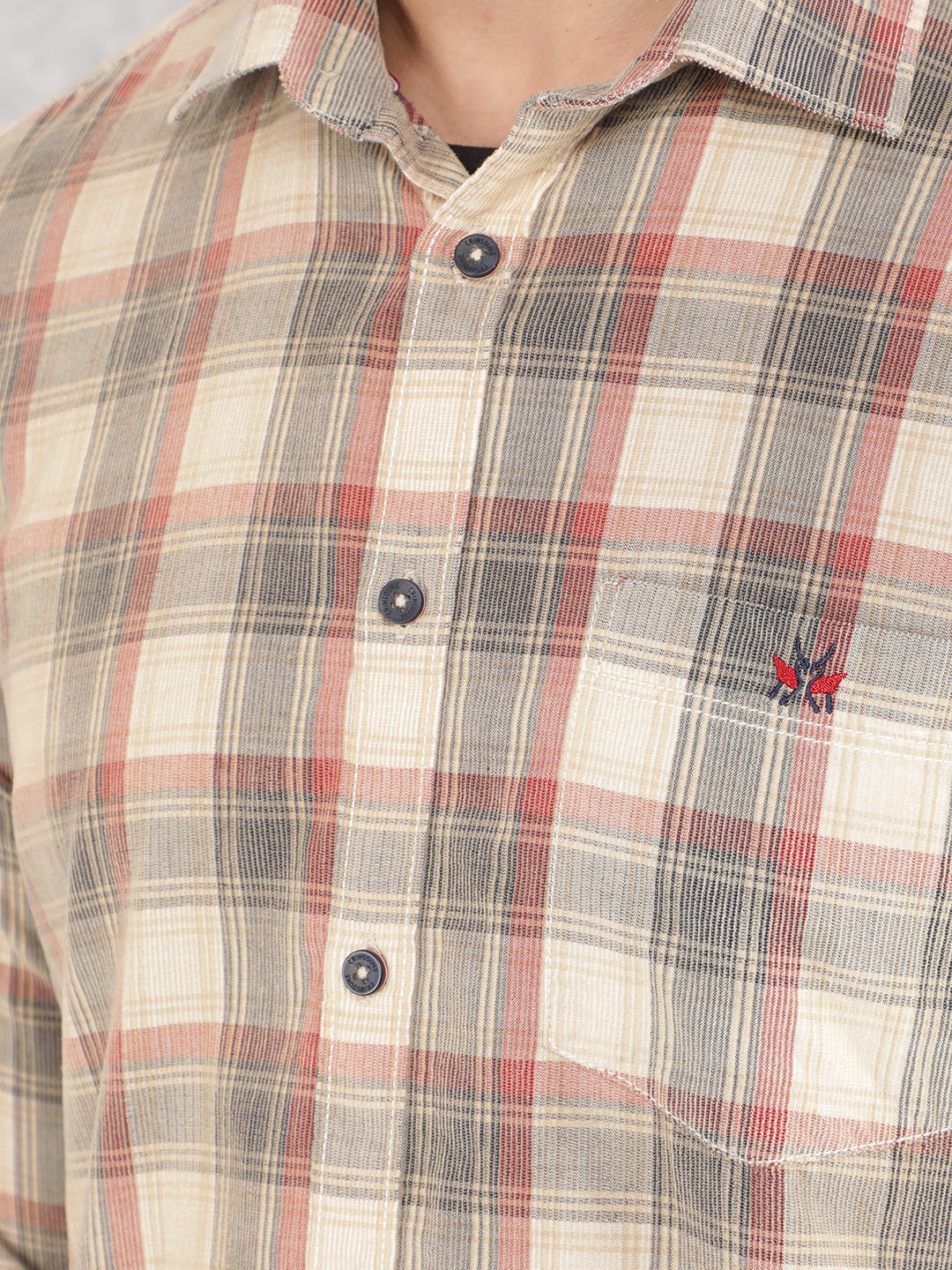 Beige Checked 100% Cotton Corduroy Shirt-Men Shirts-Crimsoune Club