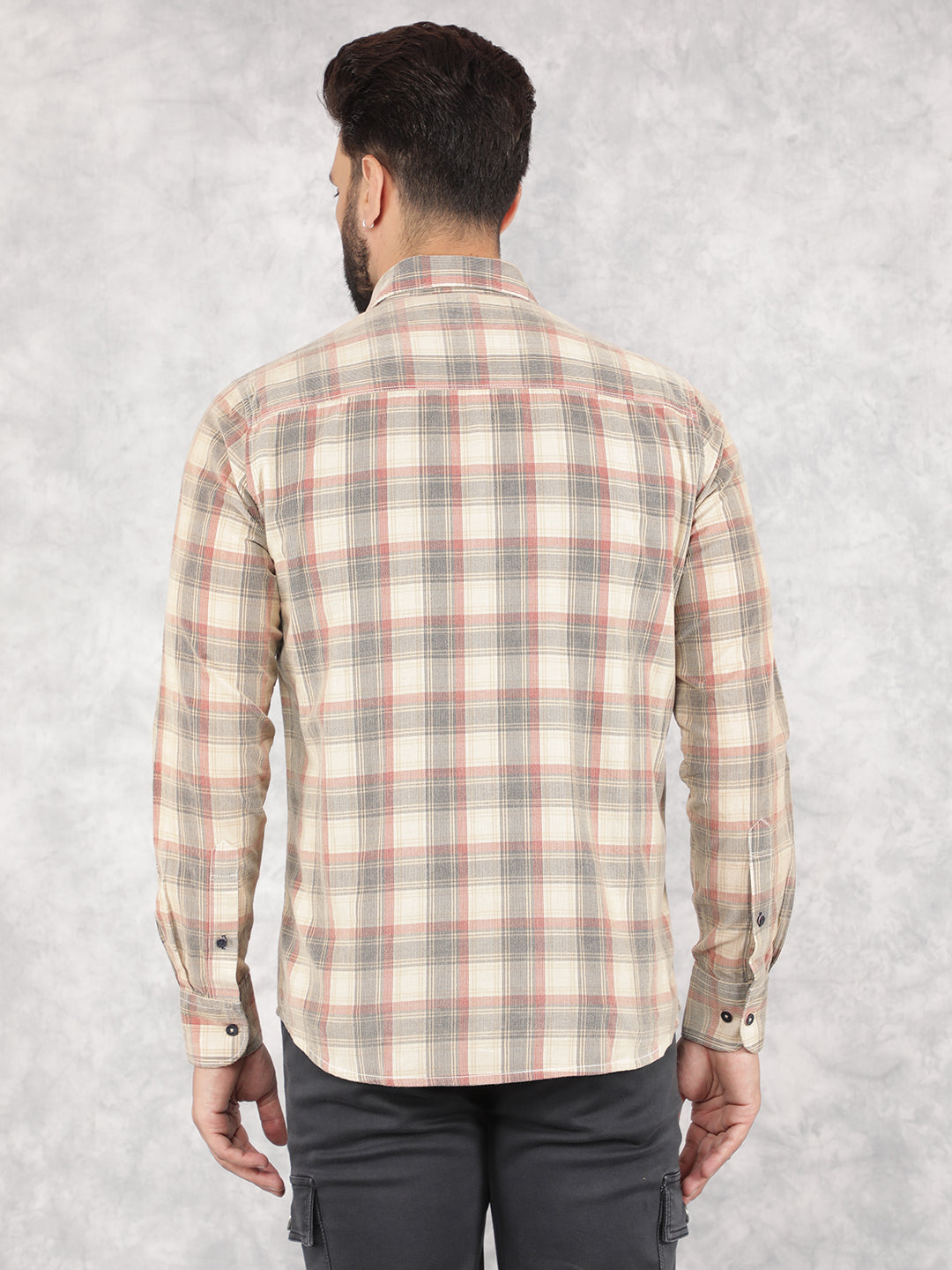 Beige Checked 100% Cotton Corduroy Shirt-Men Shirts-Crimsoune Club