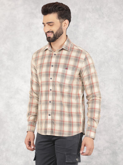 Beige Checked 100% Cotton Corduroy Shirt-Men Shirts-Crimsoune Club