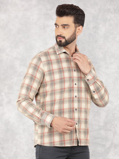 Beige Checked 100% Cotton Corduroy Shirt-Men Shirts-Crimsoune Club