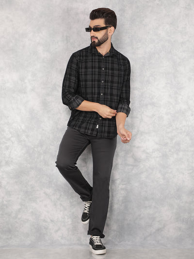 Black Checked 100% Cotton Corduroy Shirt-Men Shirts-Crimsoune Club