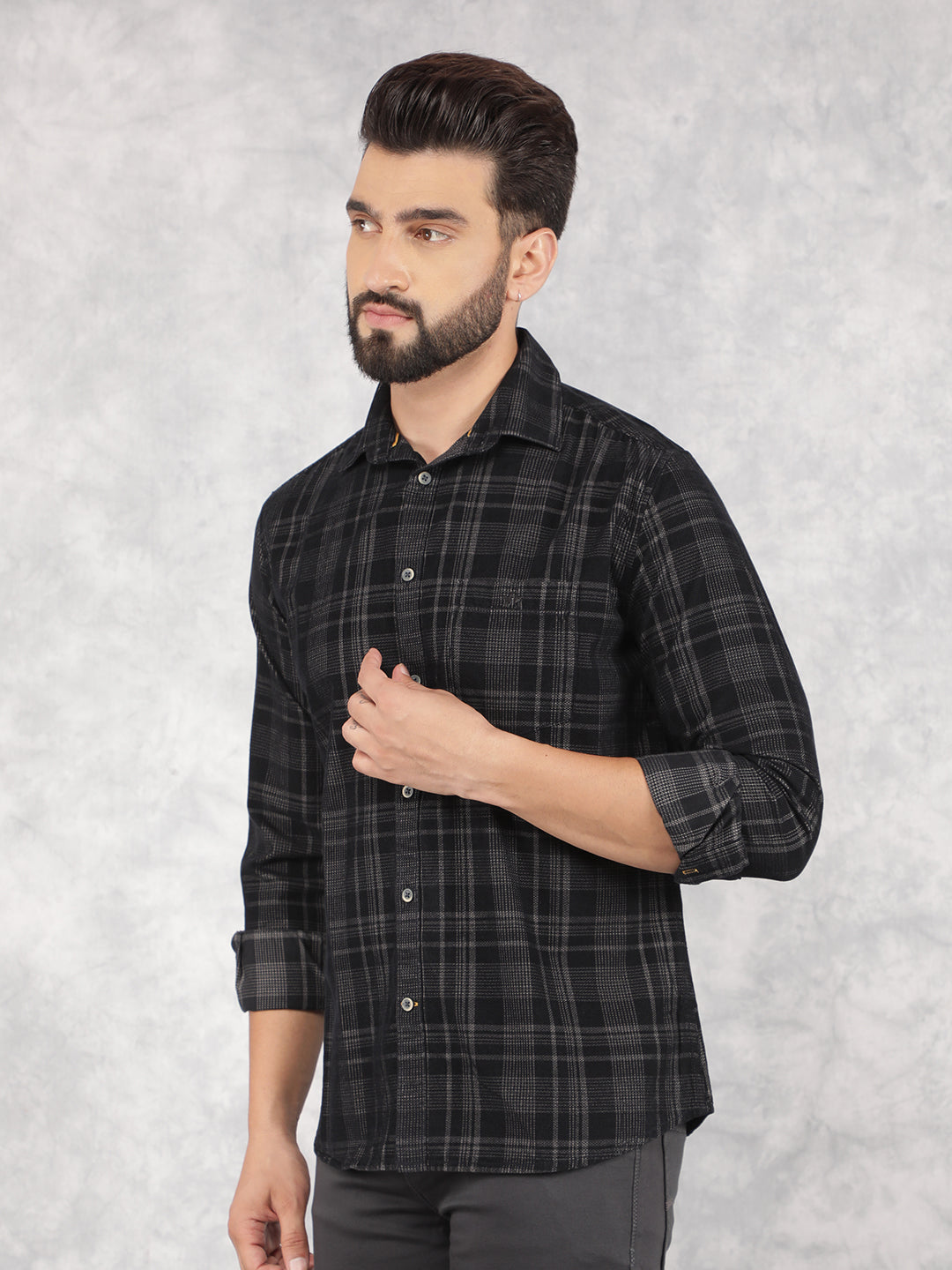 Black Checked 100% Cotton Corduroy Shirt-Men Shirts-Crimsoune Club