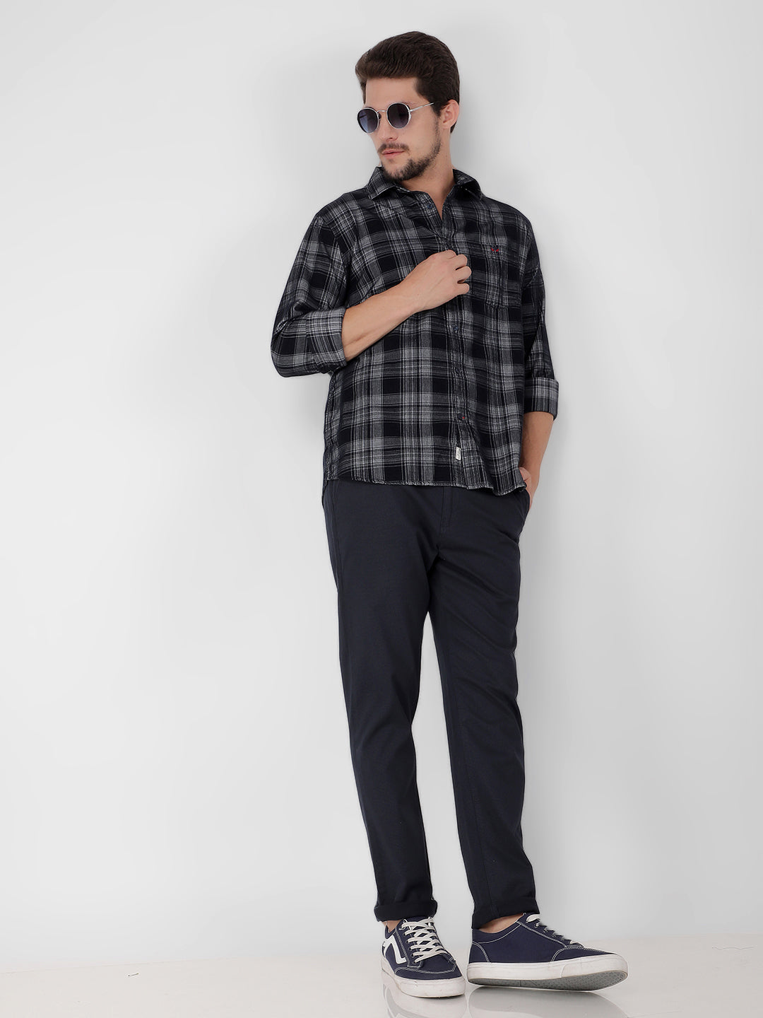 Navy Blue 100% Cotton Checked Shirt-Men Shirts-Crimsoune Club