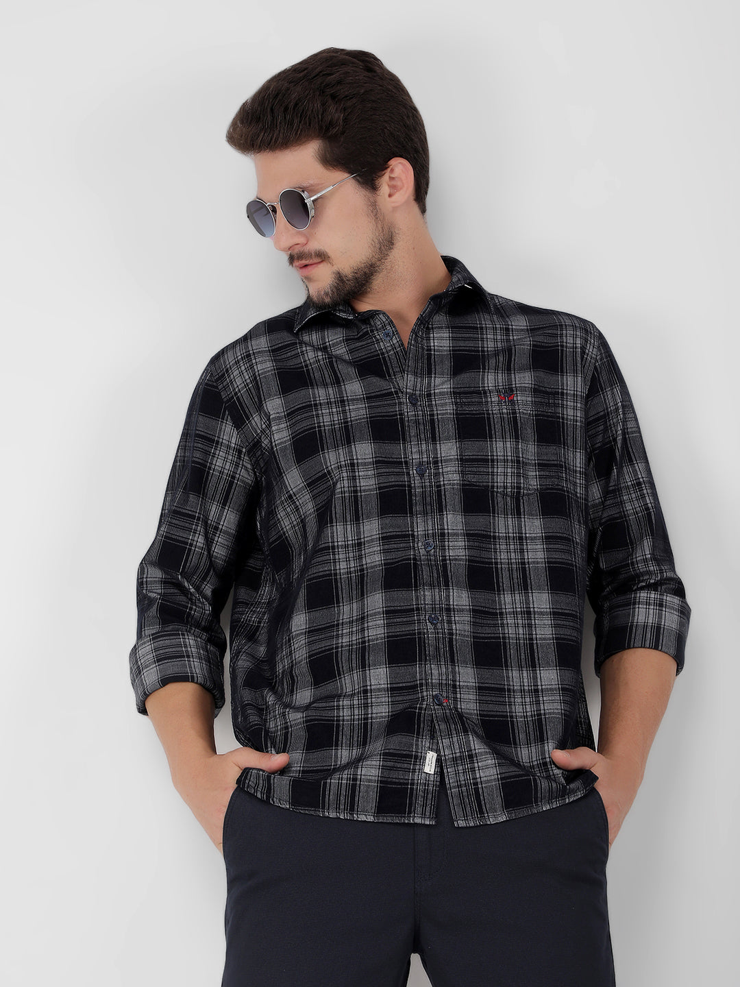 Navy Blue 100% Cotton Checked Shirt-Men Shirts-Crimsoune Club