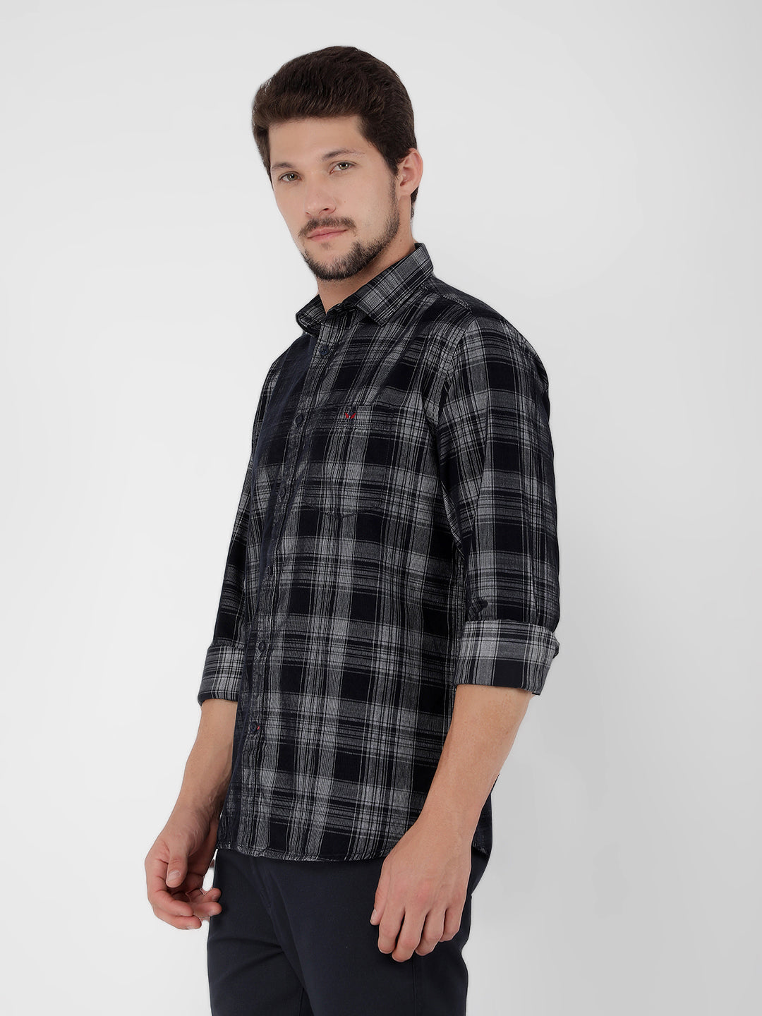 Navy Blue 100% Cotton Checked Shirt-Men Shirts-Crimsoune Club