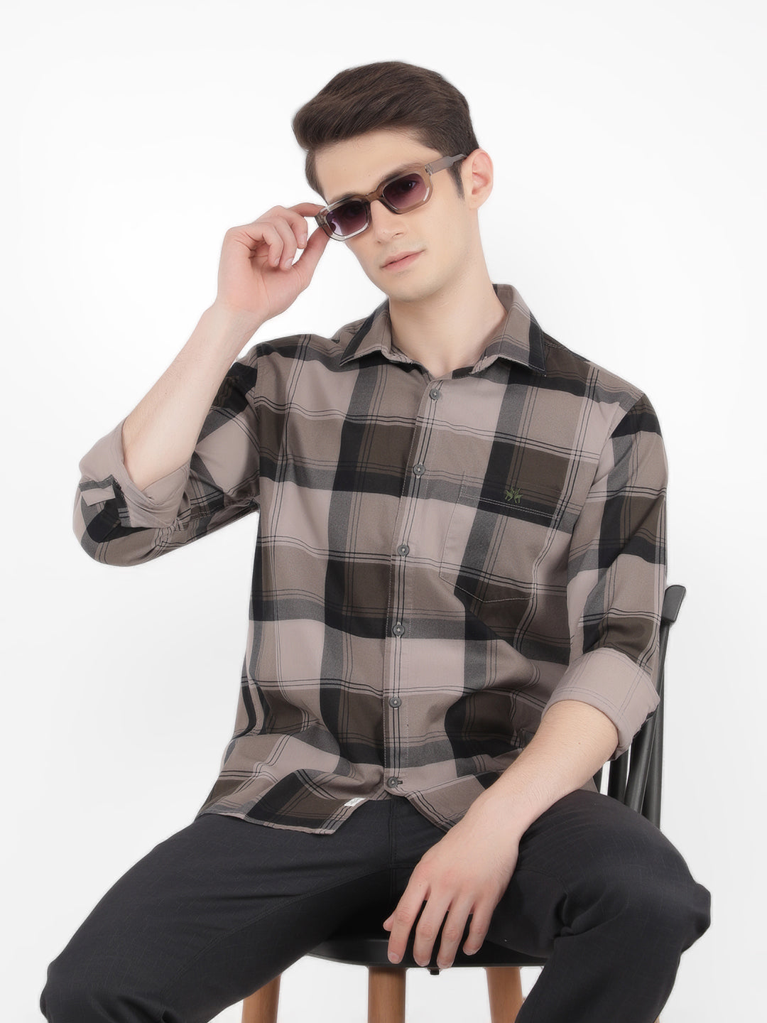 Olive 100% Cotton Checked Shirt-Men Shirts-Crimsoune Club