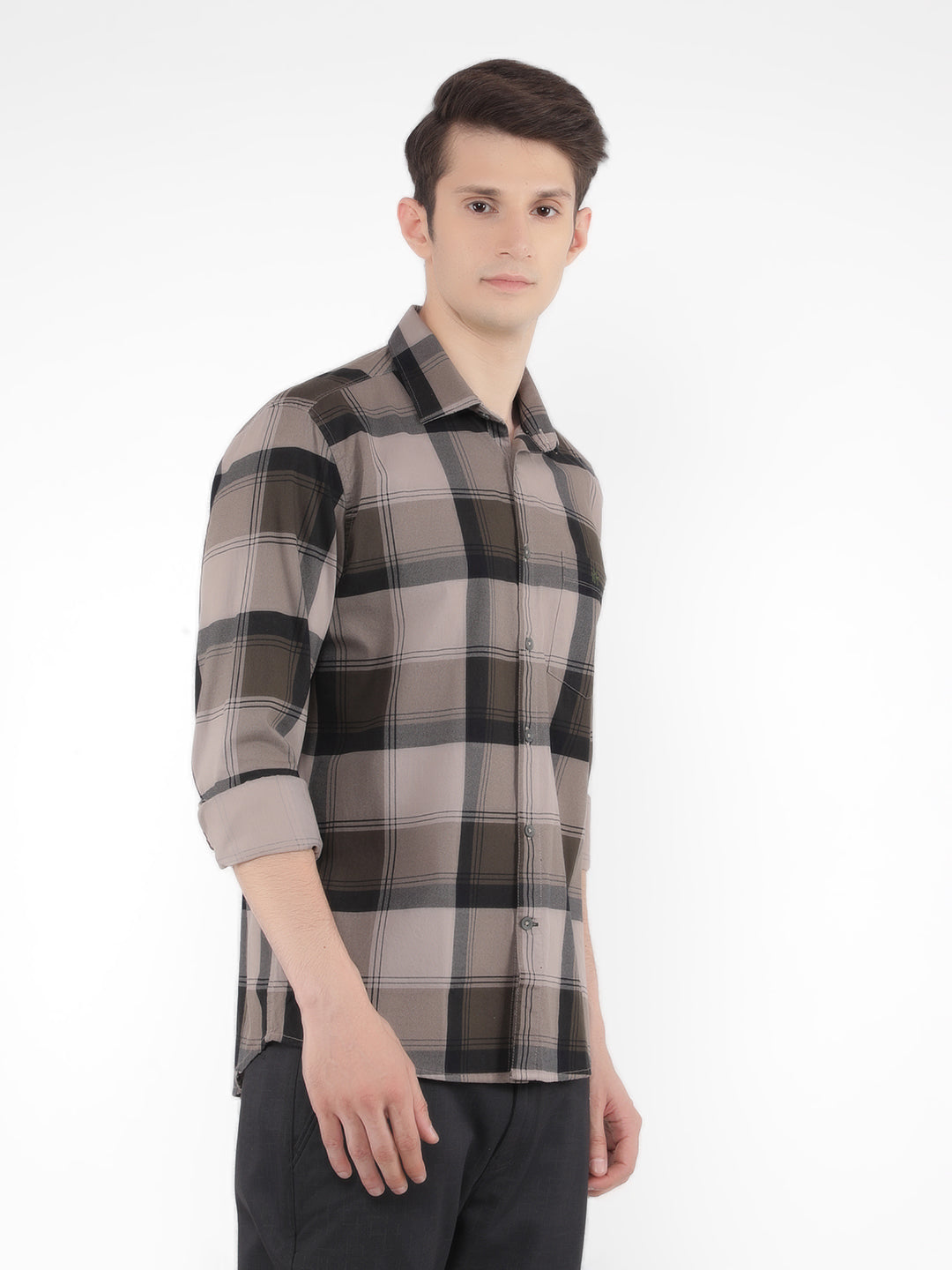 Olive 100% Cotton Checked Shirt-Men Shirts-Crimsoune Club