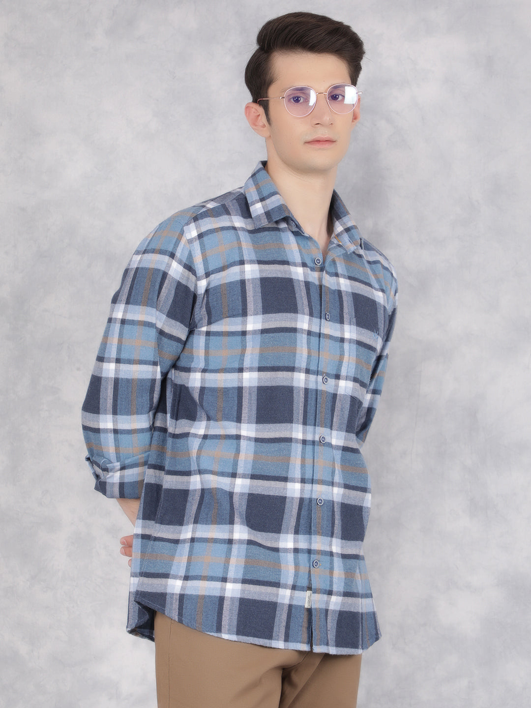 Blue 100% Cotton Checked Shirt-Men Shirts-Crimsoune Club