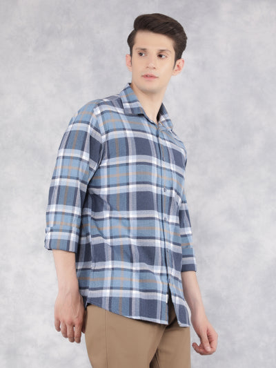 Blue 100% Cotton Checked Shirt-Men Shirts-Crimsoune Club