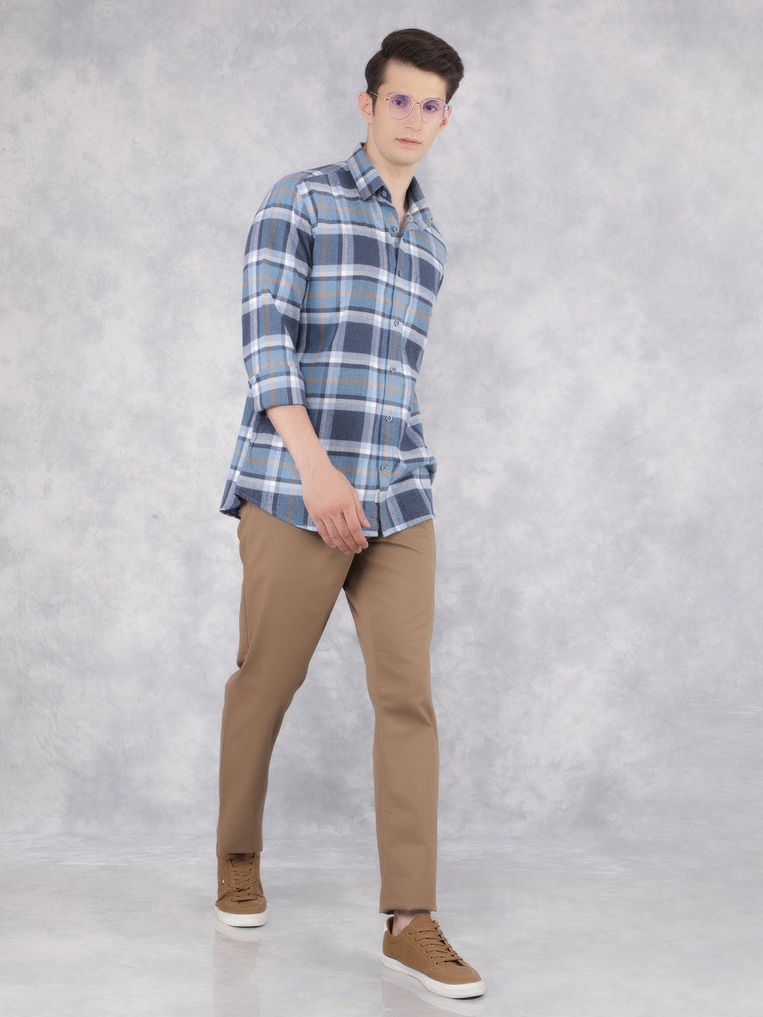 Blue 100% Cotton Checked Shirt-Men Shirts-Crimsoune Club