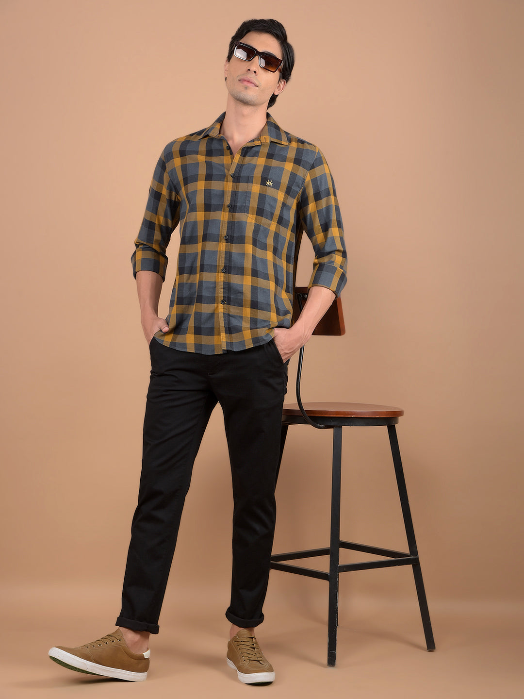 Mustard Checked Shirt-Men Shirts-Crimsoune Club