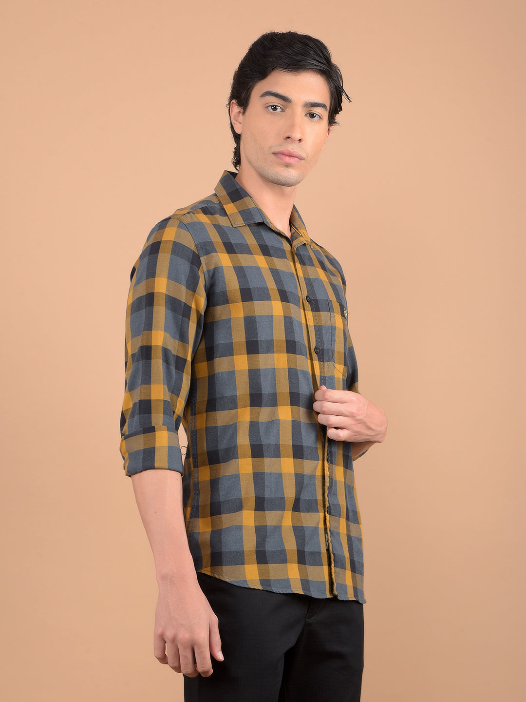 Mustard Checked Shirt-Men Shirts-Crimsoune Club