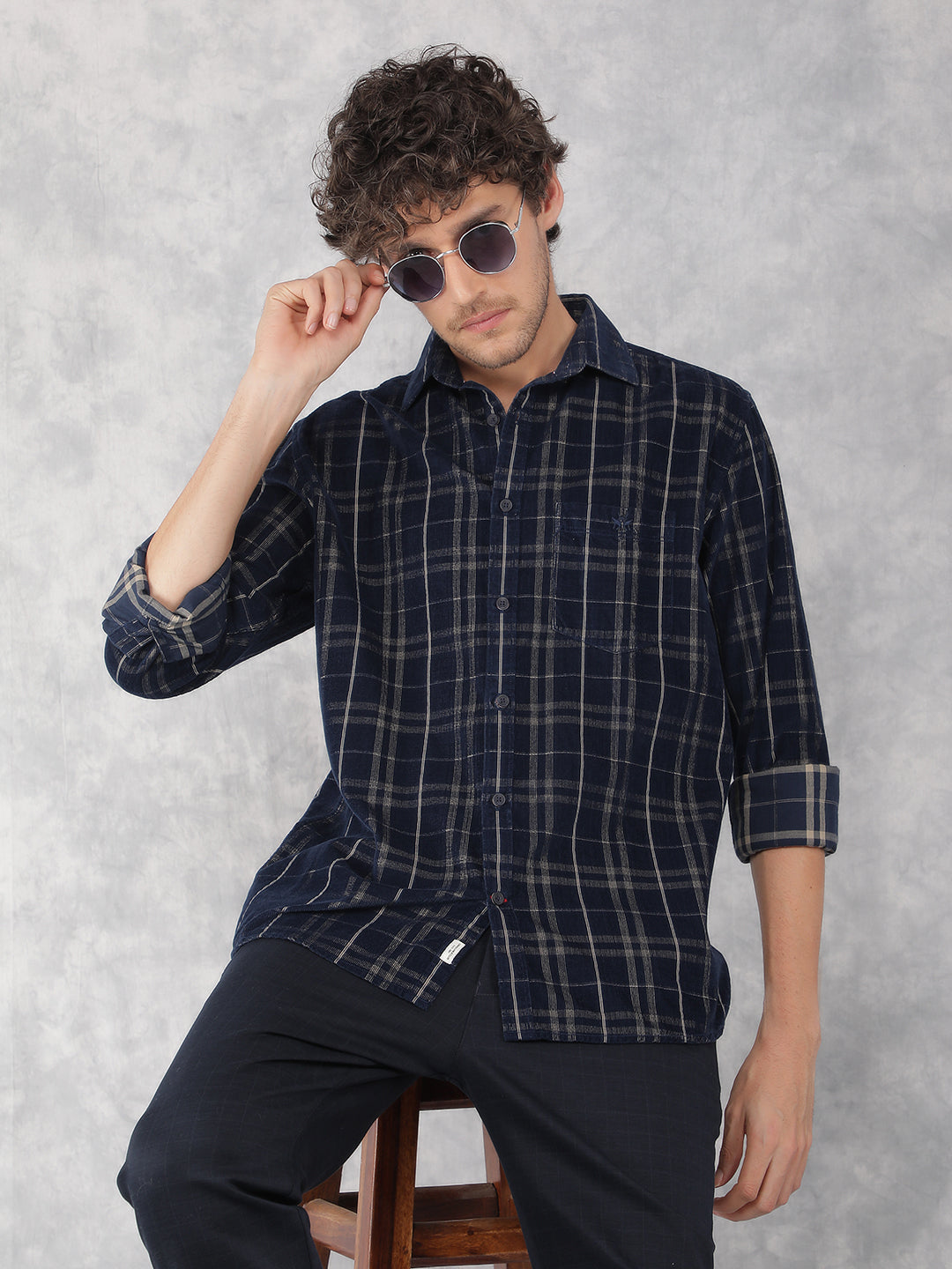 Navy Blue Checkered 100% Cotton Corduroy Shirt-Men Shirts-Crimsoune Club