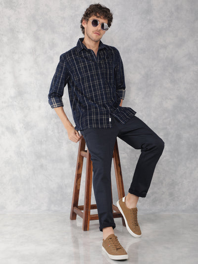 Navy Blue Checkered 100% Cotton Corduroy Shirt-Men Shirts-Crimsoune Club