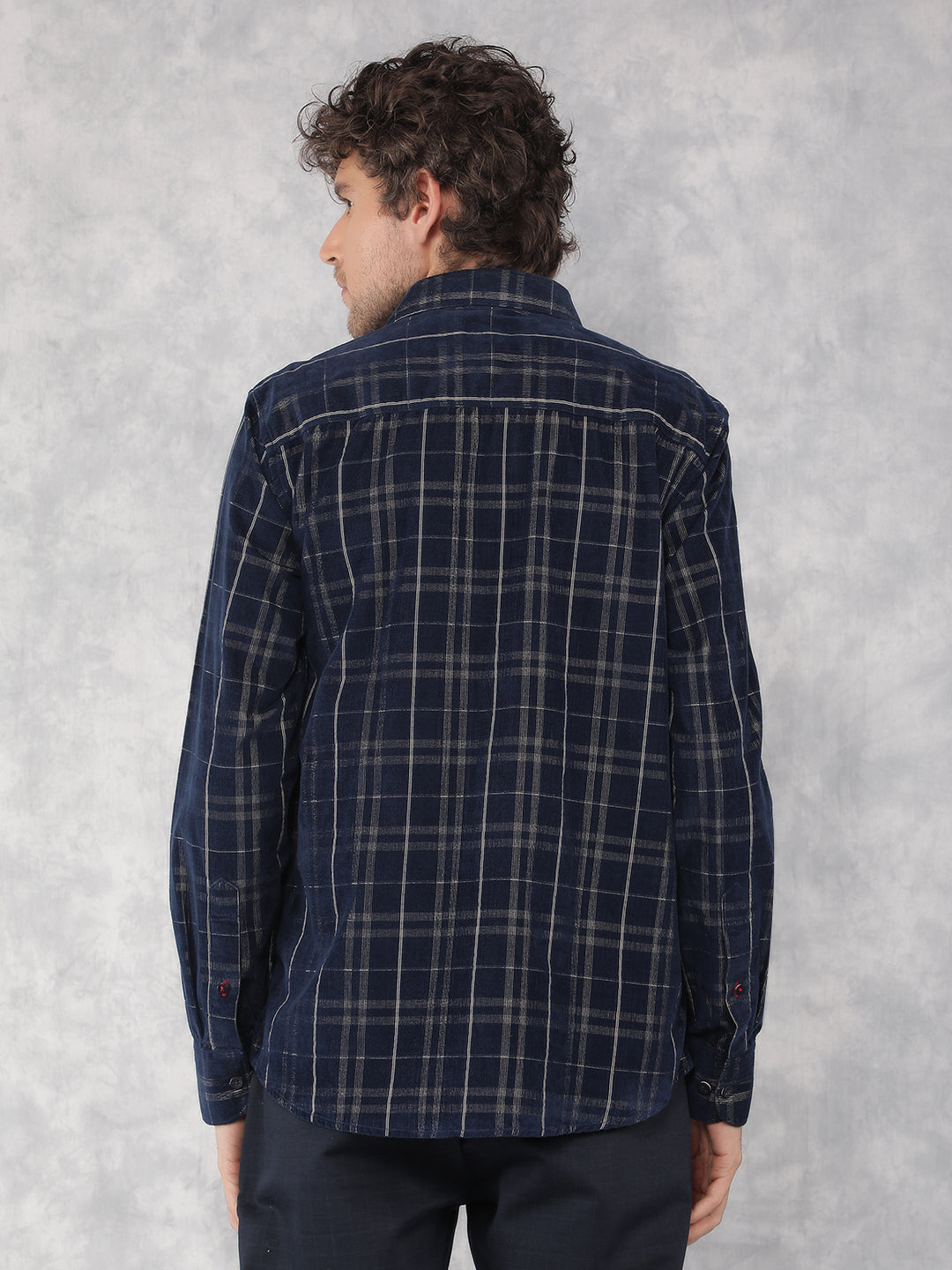 Navy Blue Checkered 100% Cotton Corduroy Shirt-Men Shirts-Crimsoune Club