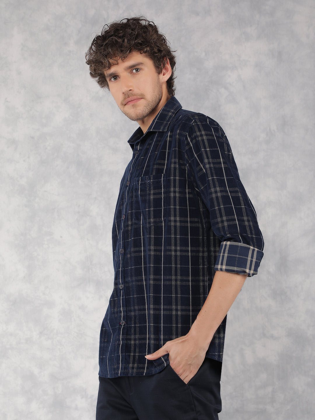 Navy Blue Checkered 100% Cotton Corduroy Shirt-Men Shirts-Crimsoune Club