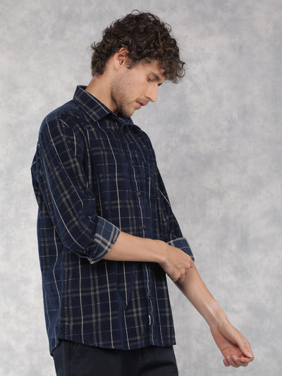 Navy Blue Checkered 100% Cotton Corduroy Shirt-Men Shirts-Crimsoune Club