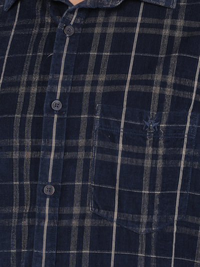 Navy Blue Checkered 100% Cotton Corduroy Shirt-Men Shirts-Crimsoune Club